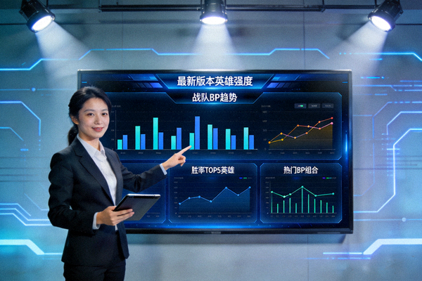 分析师在数据大屏前解读最新版本英雄强度与战队BP趋势