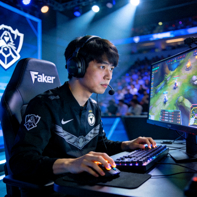 明星选手'Faker'神情专注地坐在比赛席上，戴着耳机进行指挥