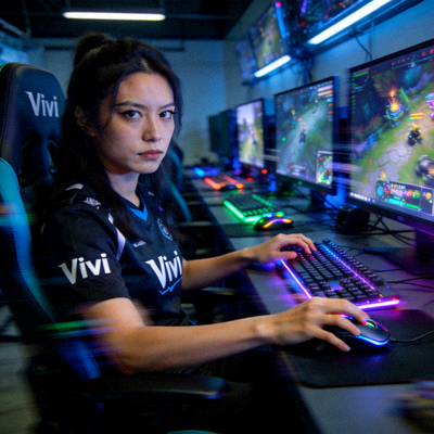 女性选手'Vivi'在训练赛中冷静操作，眼神锐利