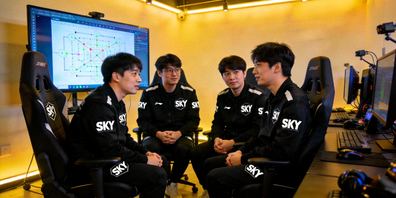 SKY战队成员身着统一黑色队服在训练基地进行战术讨论